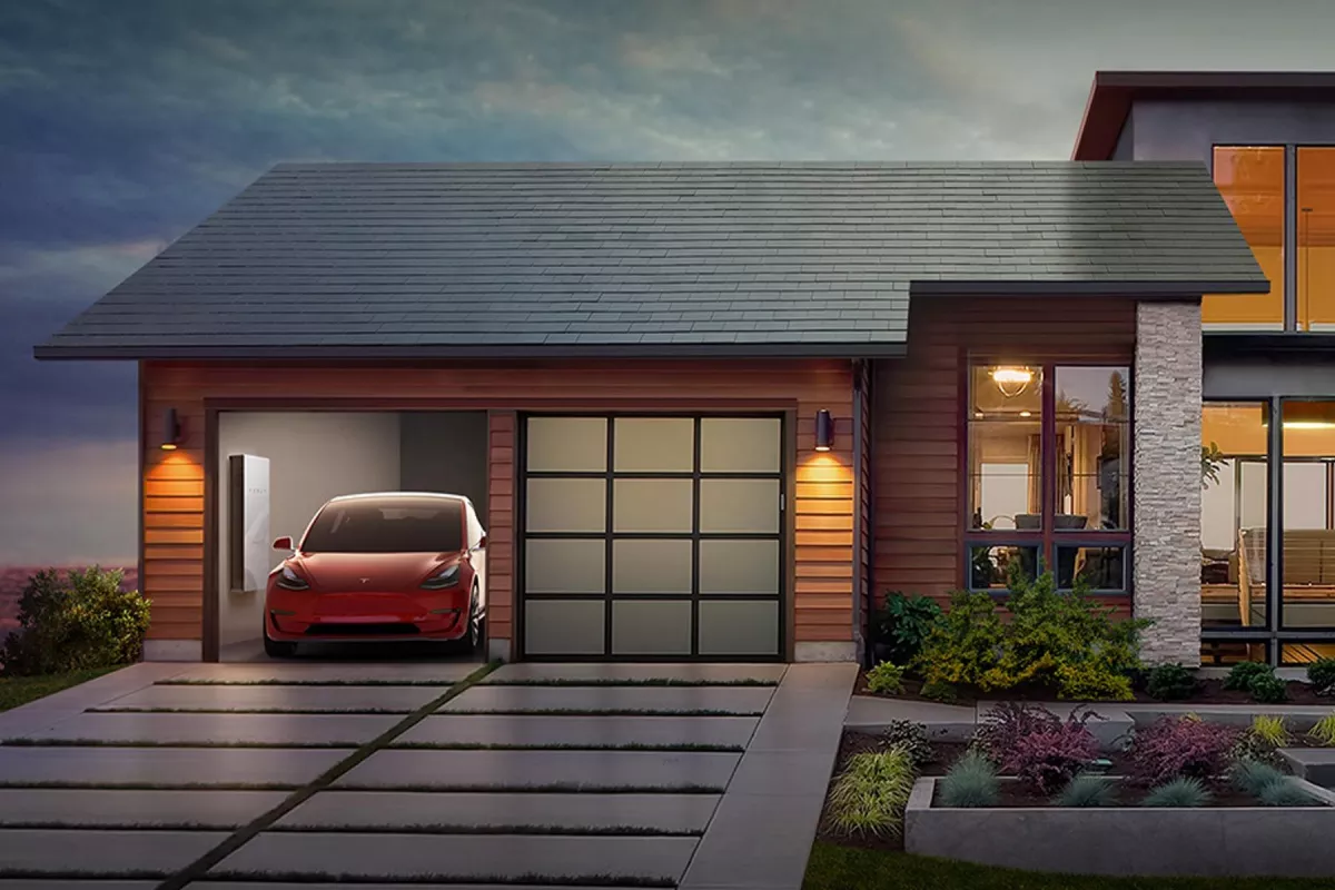 Infographie : toiture recouverte de tuiles Solar Roof @ Tesla
